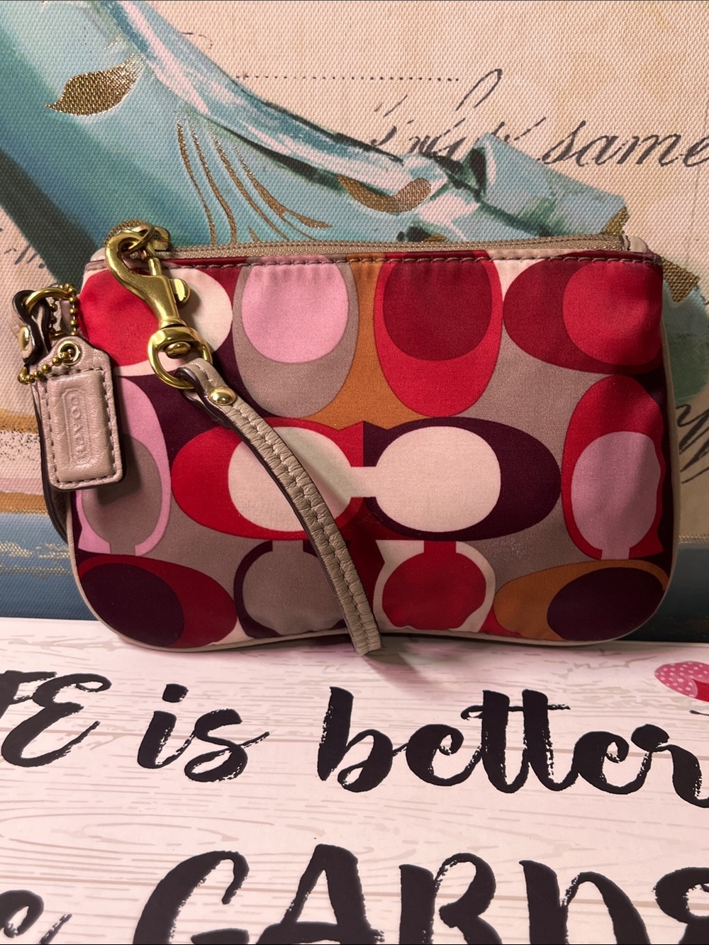 Coach Pink Red Multi Signature Wristlet with Gold Hardware